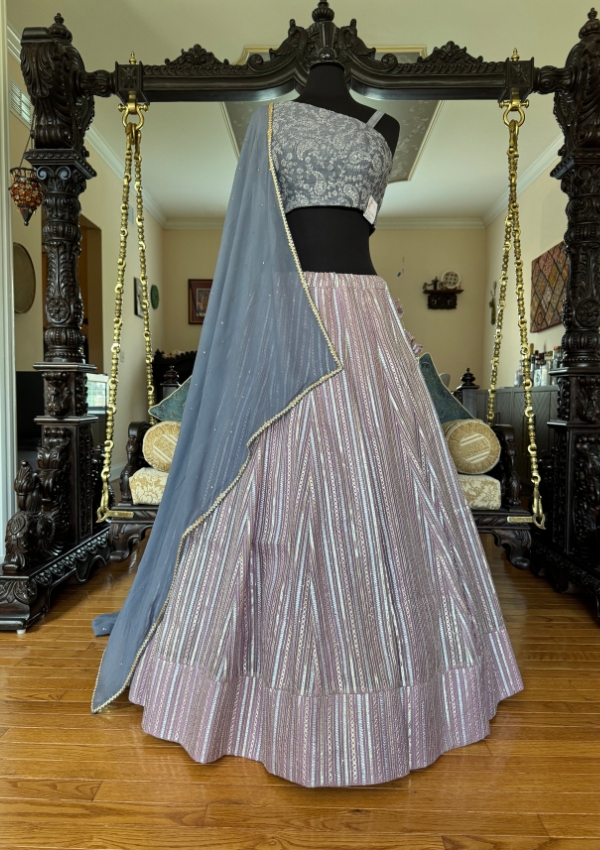 Grey Embroidered Crop Top with Lehenga